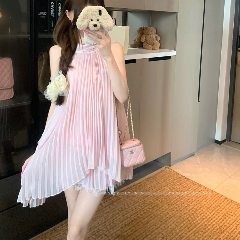 适美2025夏季设计感褶皱纯色宽松挂脖背心女装蕾丝边半身裙两件套|undefined