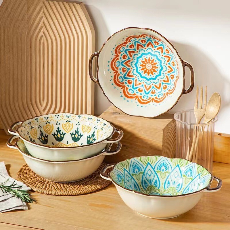 Double-Eared Lotus Bowl Set Bohemian Style Household Ceramic Underglaze Color Bowl Amazon Temu E-Commerce Supplier