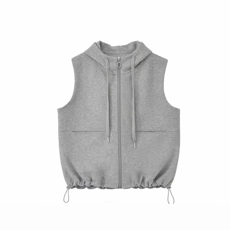 High-End Gray Hooded Vest Short-Sleeve Women's Spring and Autumn 2026 New Outerwear Premium Zipper Loose Sleeveless Cardigan Top