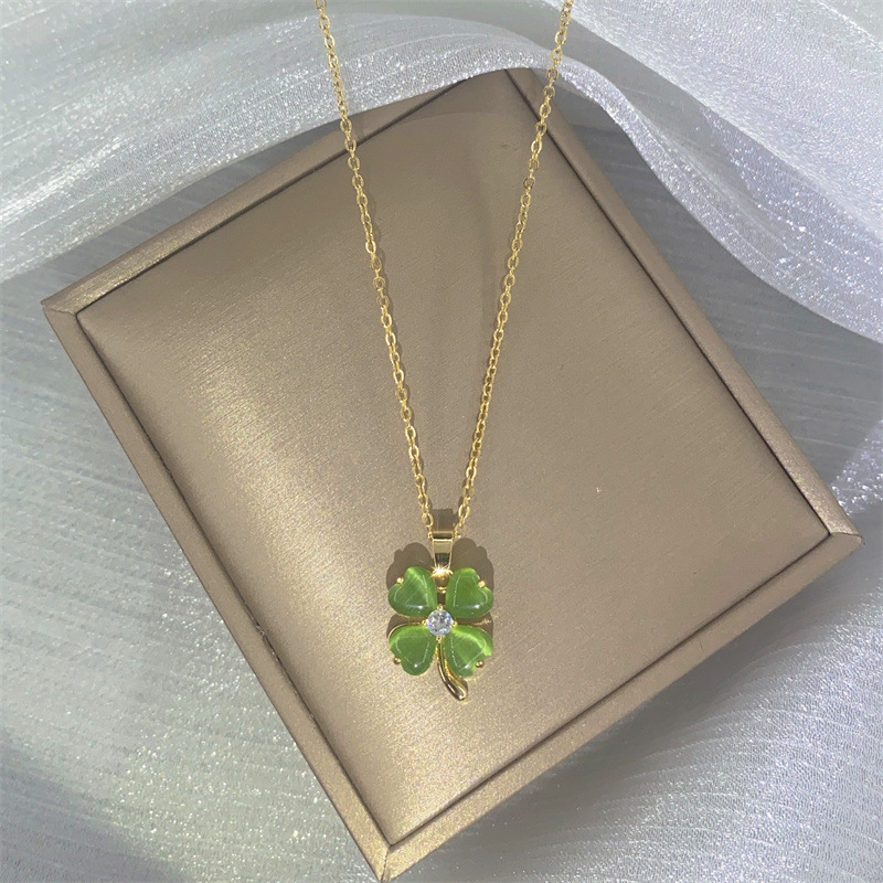 Fashion Four Leaf Clover Titanium Steel Inlay Rhinestones Opal Pendant Necklace_colorza_3