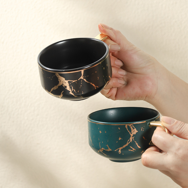 Juego de tazas y platillos de café de cerámica minimalista moderno, taza de mármol, taza de leche de desayuno para el hogar, taza y platillo creativos