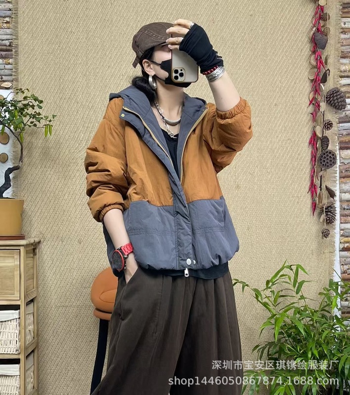 琪镌绘制棉服女冬季新款棉衣韩版宽松连帽拼接松紧袖口小棉袄外套|undefined