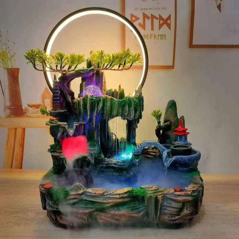 创意假山流水摆件含灯圈循环水雨景喷泉鱼池客厅办公室装饰品代发