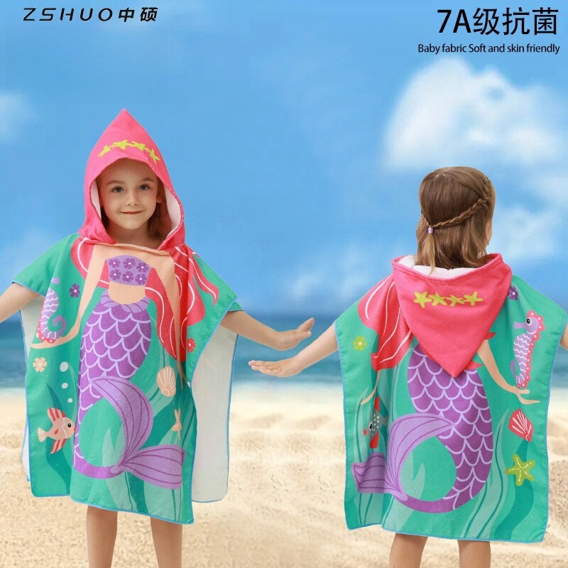 Children's Bath Towel Cape Bathrobe Soft Quick-Drying Cartoon Print Microfiber Hooded Cape Beach Towel Cross-Border