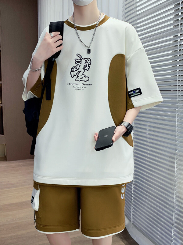 ティーンエイジャー半袖Tシャツ男の子中学生ショートパンツスポーツスーツ年長児夏服ハンサムウェア2枚|undefined