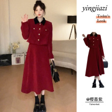 新年圣诞战袍新中式2024秋冬新款拜年服红色外套半身裙两件套装女