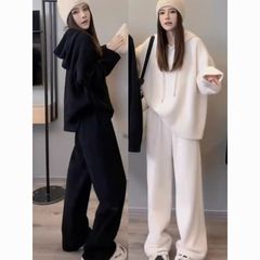 胖mm大码2-300斤软糯德绒连帽卫衣套装秋冬休闲上衣阔腿裤两件套