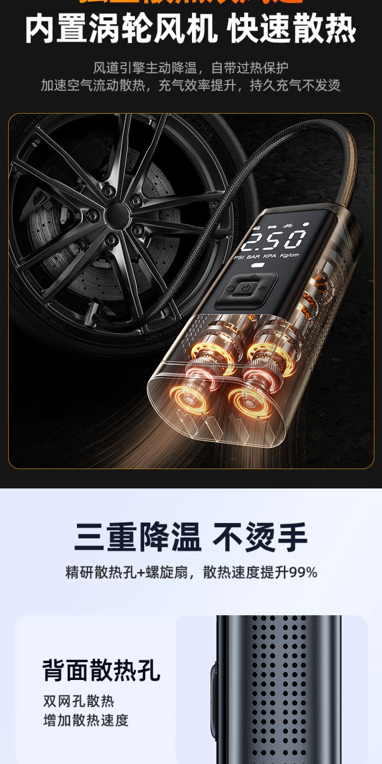 Car-mounted wireless air pump, portable electric inflator for cars, high-pressure tire inflator for small cars