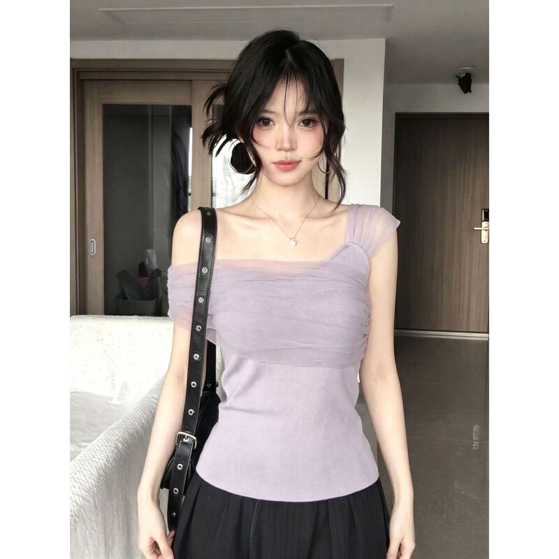 Purple Romantic Style Mesh One-Shoulder Sleeveless T-Shirt for Women, Summer Slim-Fit Off-Shoulder Design Versatile Top