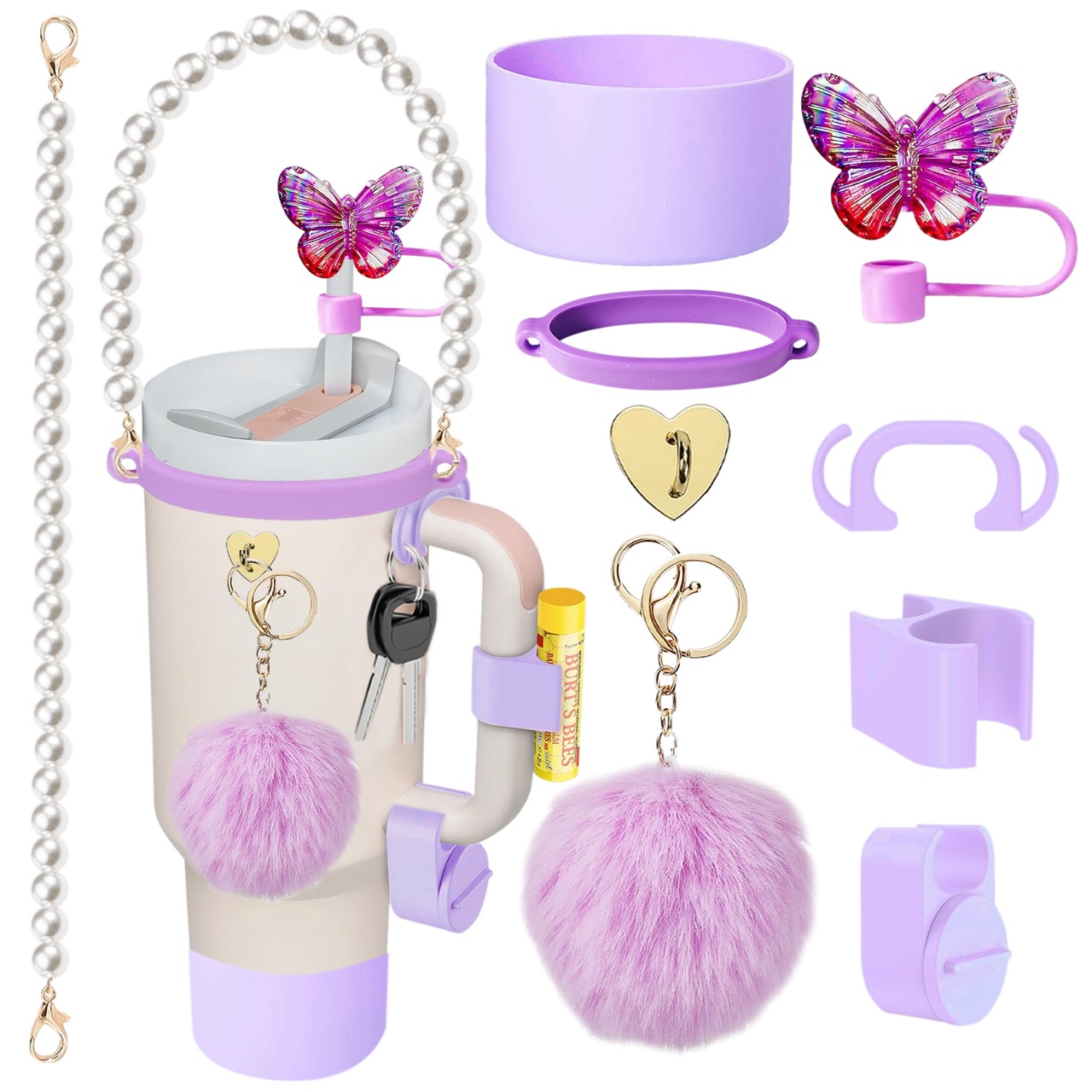 Accesorios de taza Stanley colgante de cuerda de mano flor de silicona gorra de paja de peluche colgante de taza cadena de taza de color cubierta de taza