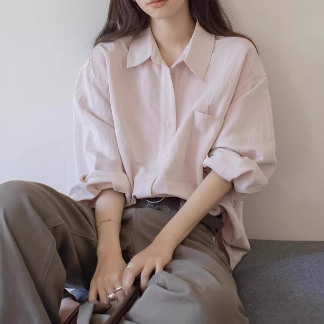 VEOOK純色シンプルな襟付きシャツ女性春夏2025新型カジュアルな大きなポケットが長袖の上着を垂らしている|undefined