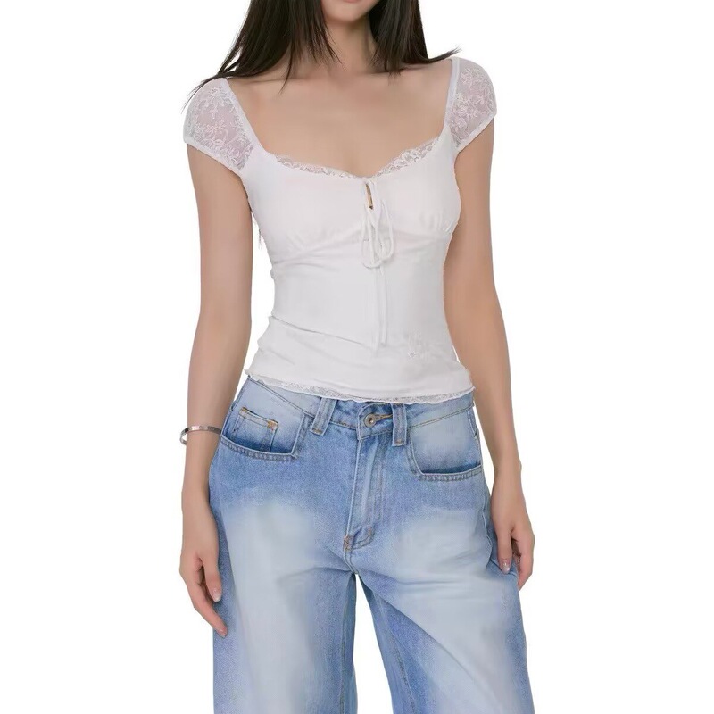 Summer New Hot Girl Style Square Neck Hollow-Out Slim Lace See-Through Backless Sexy Tie-Up T-Shirt Top Summer New Hot Girl Style Square Neck Hollow-Out Slim Lace See-Through Backless Sexy Tie-Up T-Shirt Top