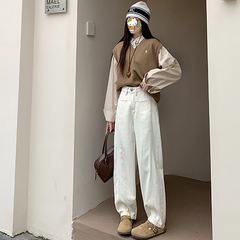杏色阔腿牛仔裤女2025秋季新款高腰大码梨形身材显瘦长裤KX