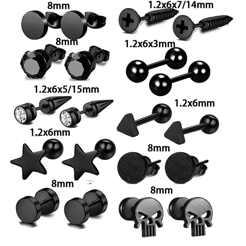 10 Pair Black Stud Round Barbell Earrings Set - Stainless Steel Men's Personality Piercing Studs detail image 12