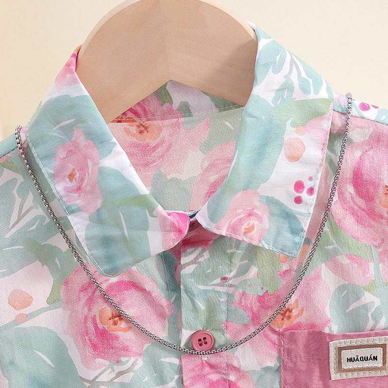 7848 Camisa de manga corta para niños 2024 nuevos tops de calle fritos guapos para niños ropa de verano para bebés camisa de flores para niños marea