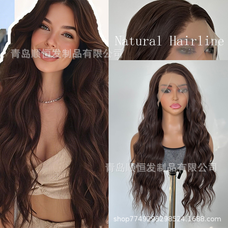 Cross-Border Wig Forehead Lace 13*4 Curly Brown Wavy Synthetic Hair Full Head Wig Factory Ready Stock