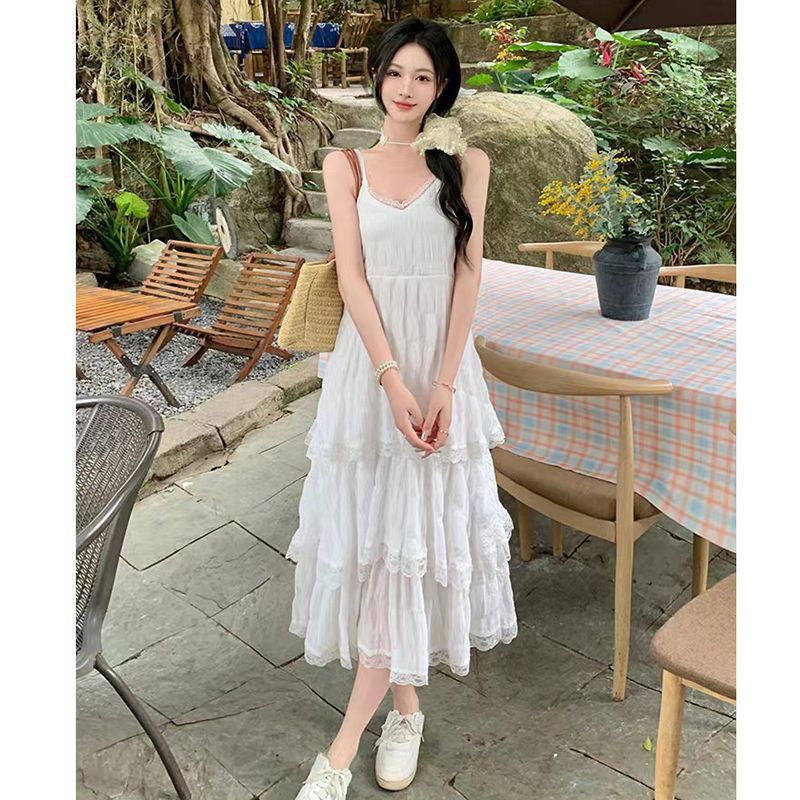 Summer Spaghetti Strap Dress for Women, Sweet and Girly Style, Waist-Cinching, Slimming, Lace-Trimmed, Fluffy Chiffon Tiered Long Dress