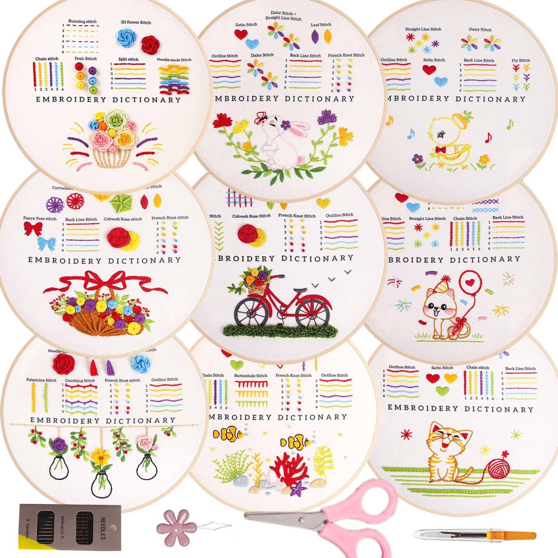 Bordado bricolaje básico principiante práctica bolsa 9-piece set Amazon inglés instrucción gato flor cesta niños mano práctica paño