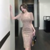 Hip wrapped sparkling pearl film holiday party dress