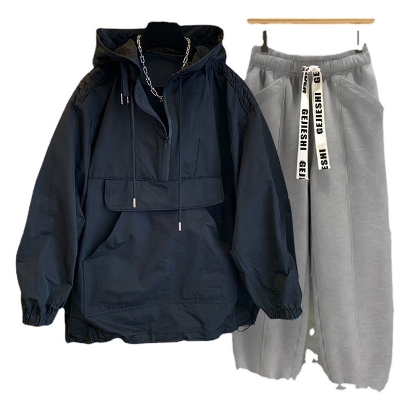 Color sólido chaqueta con capucha traje de los hombres ins moda herramientas costura diseño cazadora manga larga superior a juego suelta
