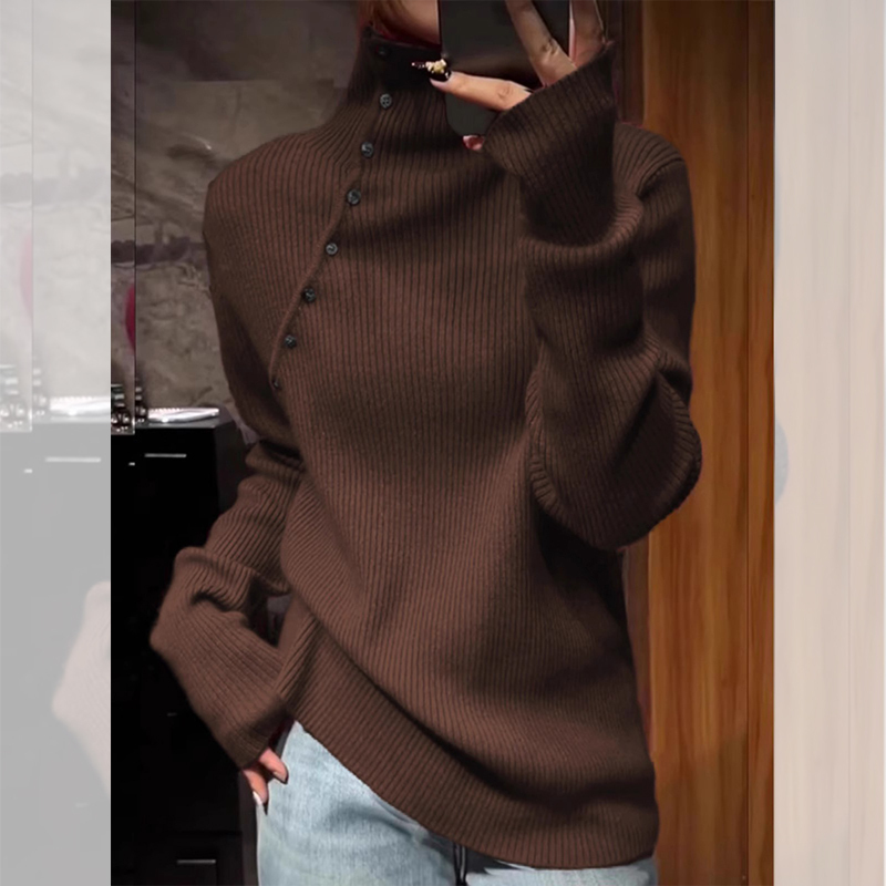 Coffee-Colored High-End Rad Wool Sweater for Women, Loose Fit, Cashmere, Autumn and Winter Style, Thickened Shoulder Knitwear, High Collar