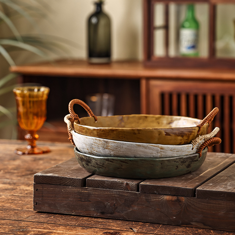 Yi longxuan ceramic handmade stoneware vintage bowl household tableware ceramic plate suit flat plate deep plate Japanese style tableware personality