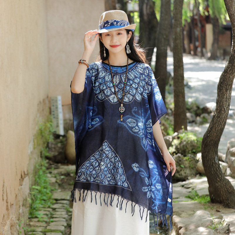 2023 nuevo estilo étnico retro Viaje nuevo chal de protección solar teñido de algodón fino y lino siente borla bufanda para mujeres