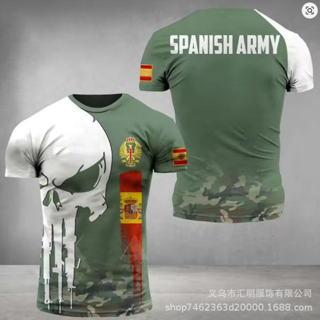 25 New Spanish Flag Pattern Men's T-Shirts, Army Casual Short-Sleeve T-Shirts, Men's Hunting Spanish Tops