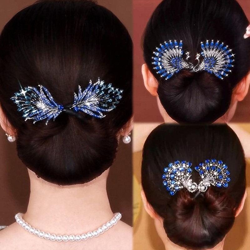 High-End Elegant Blue Feather Rhinestone Hair Bun Maker, Lazy Bun Hair Clip, Peacock Hair Bun Magic Tool, Hair Accessory