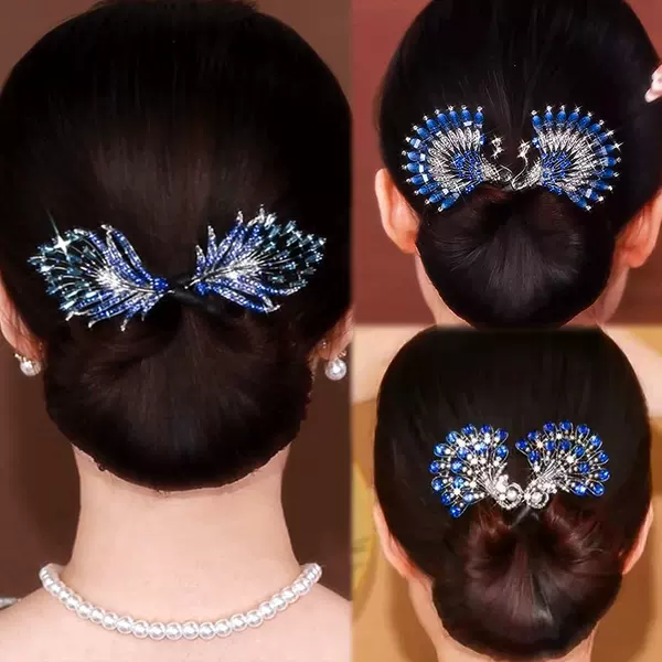 High-End Elegant Blue Feather Rhinestone Hair Bun Maker, Lazy Bun Hair Clip, Peacock Hair Bun Magic Tool, Hair Accessory