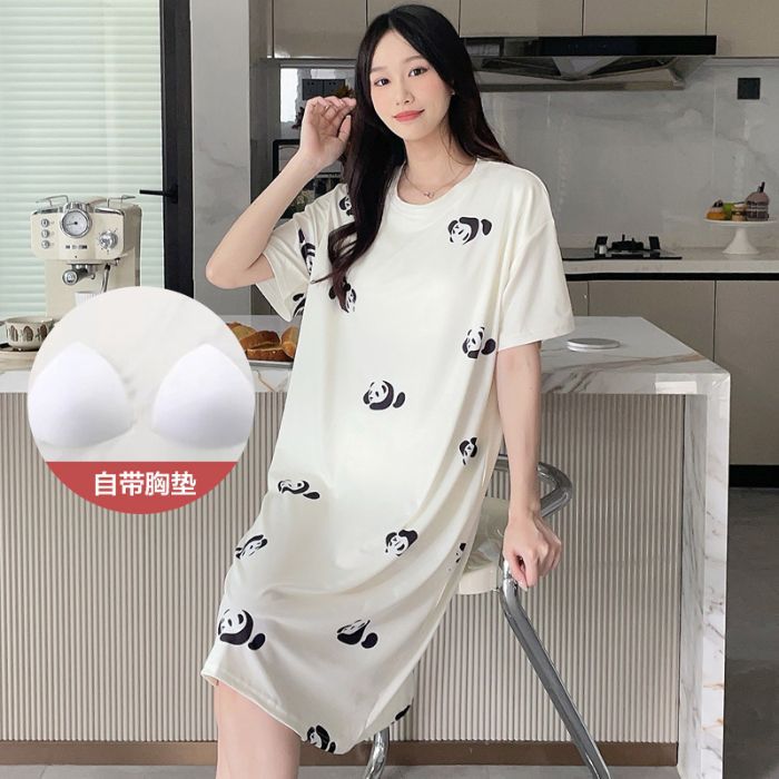 Venta al por mayor transfronteriza verano nuevo pijama mujer imitación algodón cinturón cojín en el pecho impresión de dibujos animados gran tamaño camisón de manga corta mujeres pueden usar