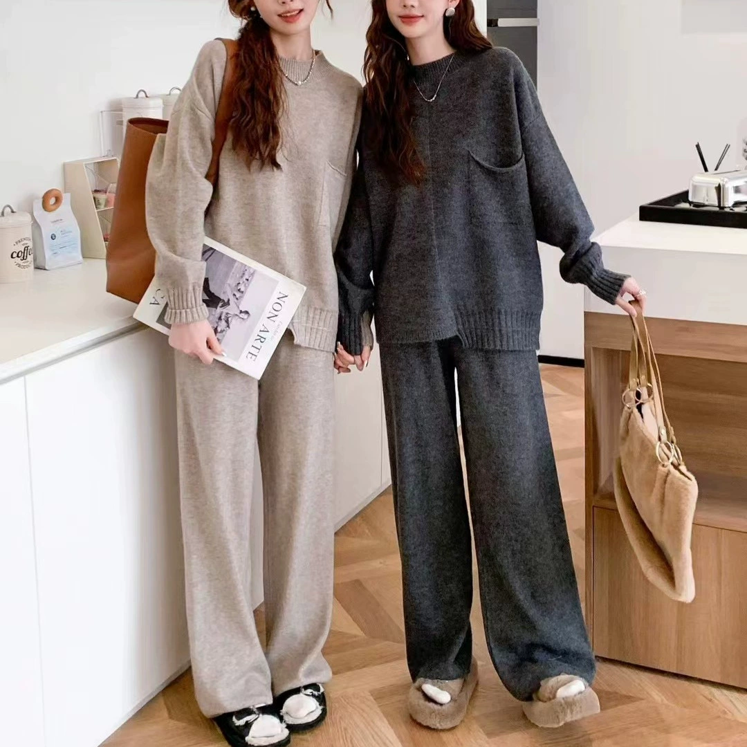 Трансграничный новый нерегулярный дизайн Чувство свободного ленивого ветра свитер вязаный широкий брюки из двух частей женский