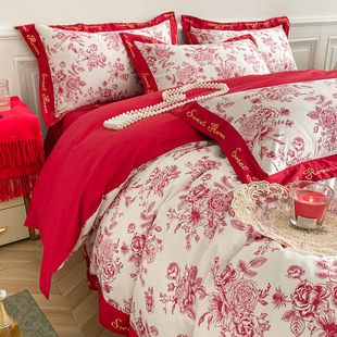 Festive wedding four-piece set wholesale Nantong wedding bedding red digital printed bed sheet quilt cover 4-piece set