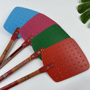 Thickened Bamboo Handle Large Leather Fly Swatter Durable Mosquito Killer Household Long Handle Fly Swatter with Durable Silk Flower