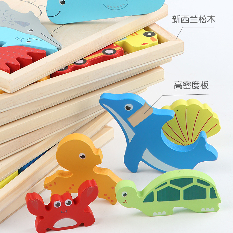 Caricatura animal tridimensional puzzle puzzle puzzle madera infantil educación temprana mano agarrar tablero de frutas y verduras juguetes de tráfico