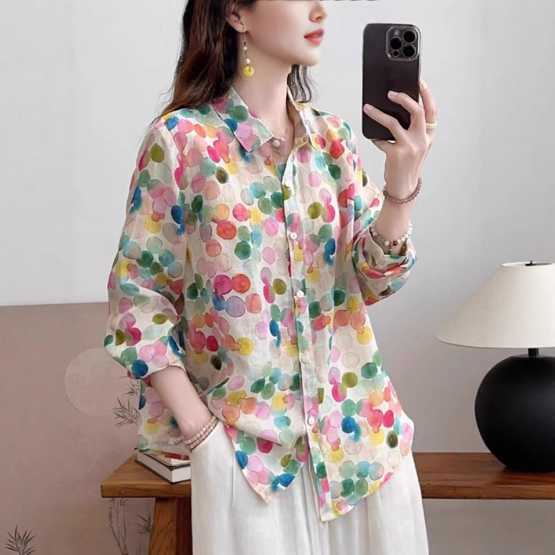 New Macaron-Colored Ramie Floral Shirt, Loose and Versatile Thin Printed Shirt for Women New Macaron-Colored Ramie Floral Shirt, Loose and Versatile Thin Printed Shirt for Women