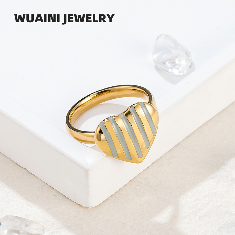 Titanium Steel Material Wholesale Jewelry Streetwear Color Block Heart Shape Titanium Steel Enamel Rings