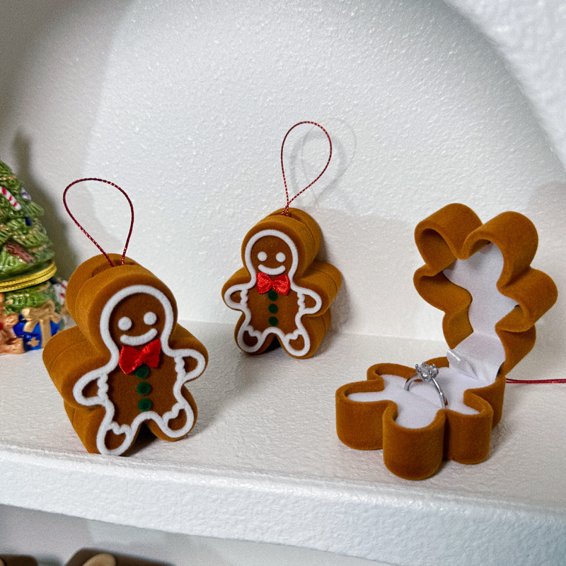 Gingerbread Pattern 1 Piece Flocking Cute Christmas Gingerbread Jewelry Boxes