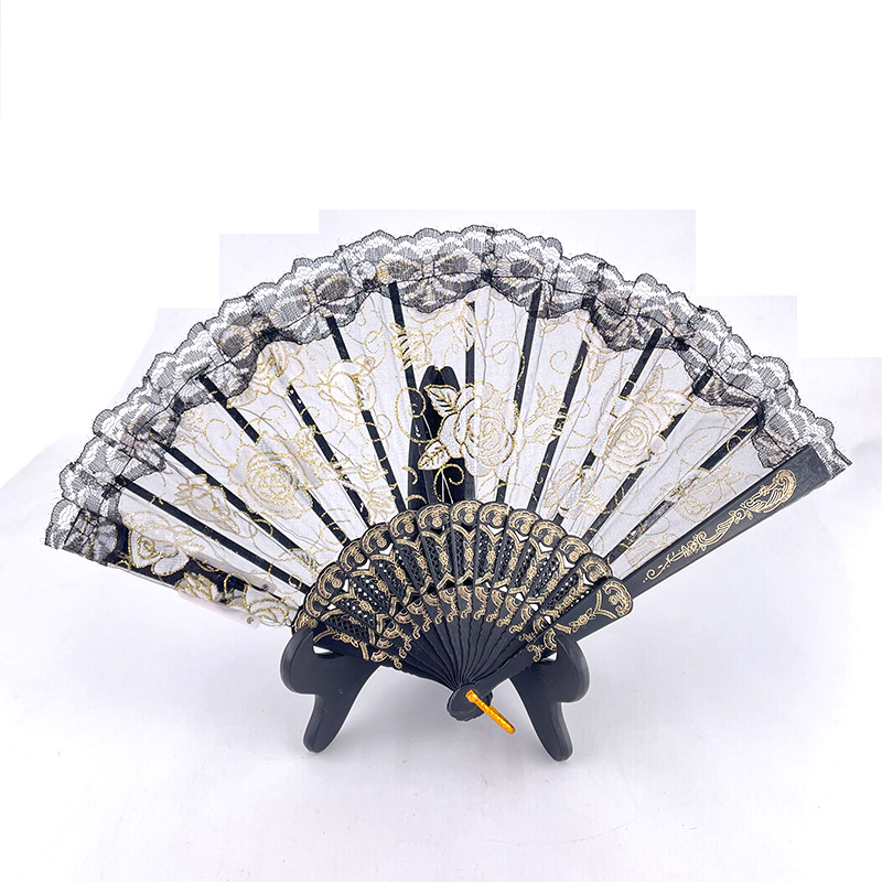 #593-2 7寸-6V双功能-发光玫瑰蕾丝扇黑底暖白色