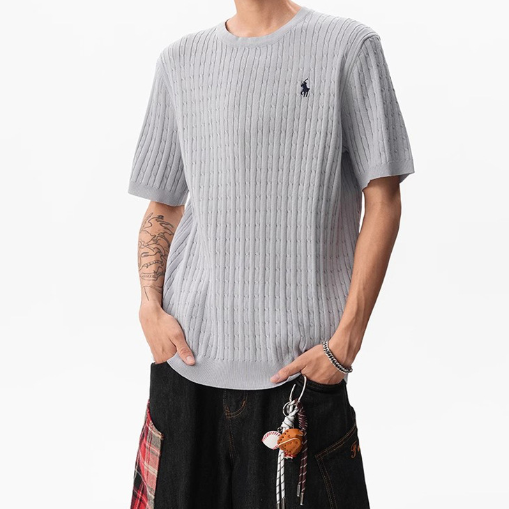 Camiseta de punto de manga corta camiseta masculina marcas de caballo bordadas viejas flores de negocios de hielo seda fábrica de verano transfronteriza al por mayor