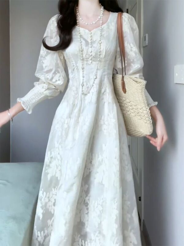 2025超美品、超人気、フレンチスタイル、フレンチウエスト、女性用白レースドレス、春|undefined