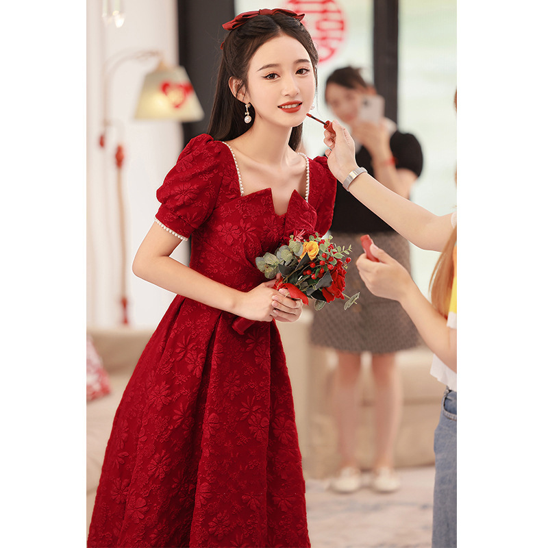 Bride's Burgundy Plus-Size Maternity Toast Dress 2026 New French-Style Toast Dress Can Be Worn Casually as an Engagement Dress
