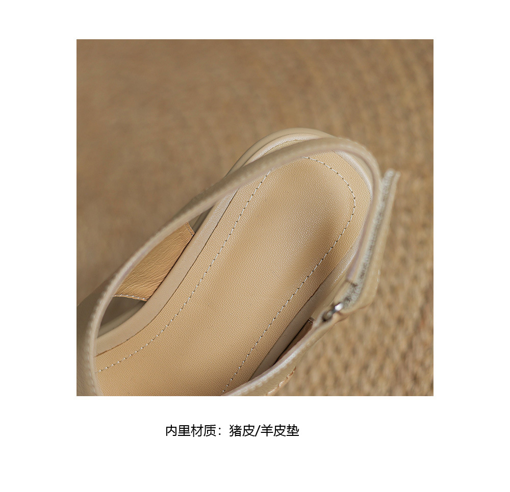 Sandal hở ngón gót thô da cừu quai ngang La Mã đế dày gót 6 cm — Màu trắng be chi tiết 19