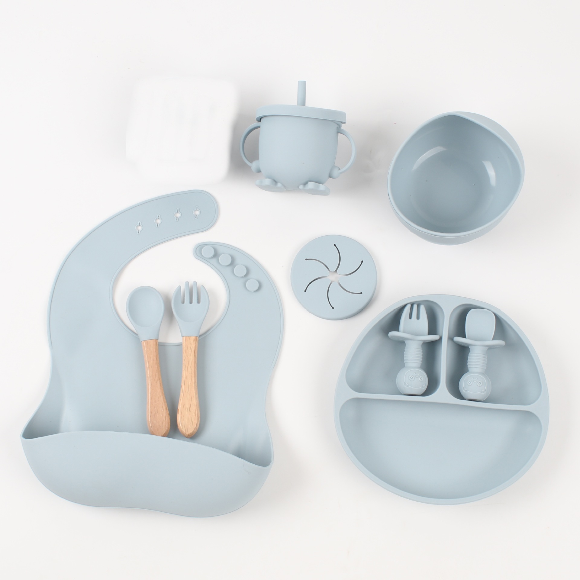 Vajilla de silicona de punto transfronterizo, tenedor, cuchara, taza para beber, suplemento alimenticio para niños, juego de 9 piezas, plato de ventosa, babero, plato de comedor, ventosa a prueba de caídas