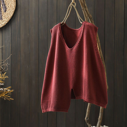 Irregular Hem Cotton Knit Vest Women's Autumn Wear New Retro Literary Loose V-Neck Hooded Shoulder Cardigan