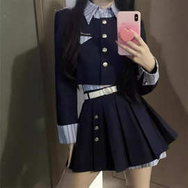 秋冬美式学院风假两件上衣套装新款女装辣妹高级感百褶短裙两件套