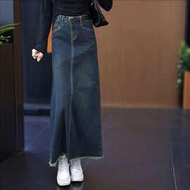 韩版时尚牛仔半身裙女2025款春秋冬季a字深蓝色不开叉弹力长裙子