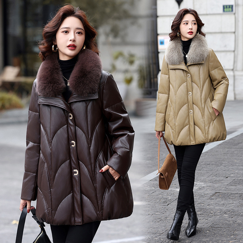 Genuine Leather Jacket for Women Korean Style down Jacket Winter Mid-Length Goatskin Fox Fur Collar Loose Jacket Large Size Genuine Leather Jacket for Women Korean Style down Jacket Winter Mid-Length Goatskin Fox Fur Collar Loose Jacket Large Size
