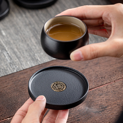 Creative Coarse Ceramic Tea Coasters in Black Terracotta — Heat-Resistant Tea Cup Holders for Home Use, Wholesale Kung Fu Tea Set & Tea Ceremony Accessories