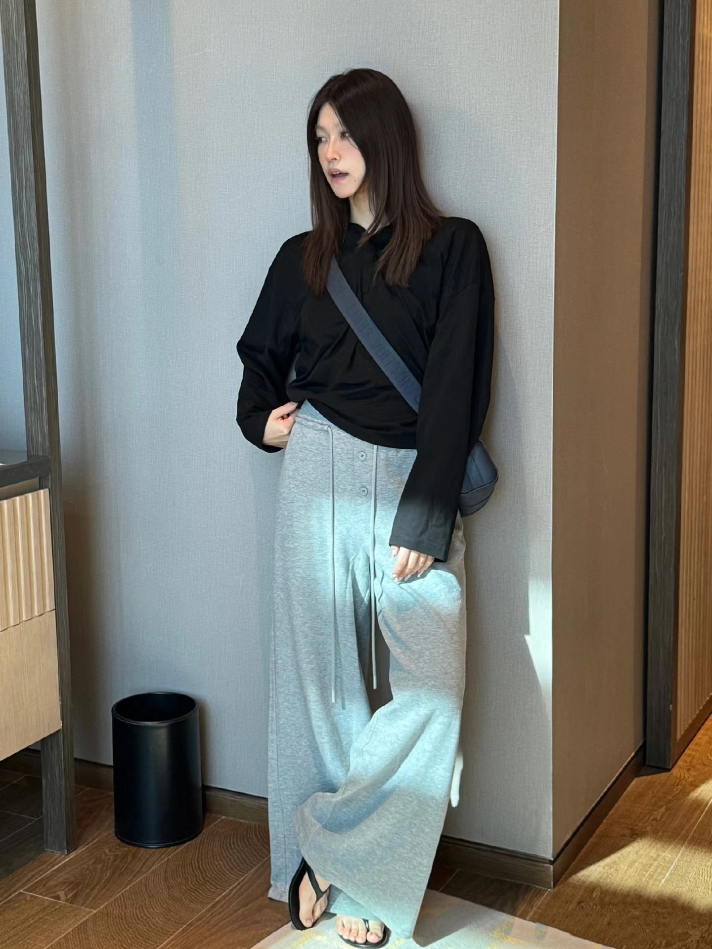 Nuevo perezoso delgado piernas largas botones elásticos de tirón pantalones casuales sueltos pantalones de piernas largas rectas 4509